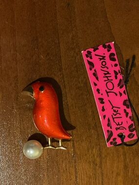 Betsey Johnson Red Parrot Brooch with Pearl Drop